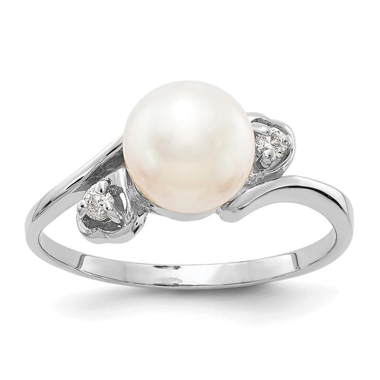 14k White Gold 7mm FW Cultured Pearl A Real Diamond ring