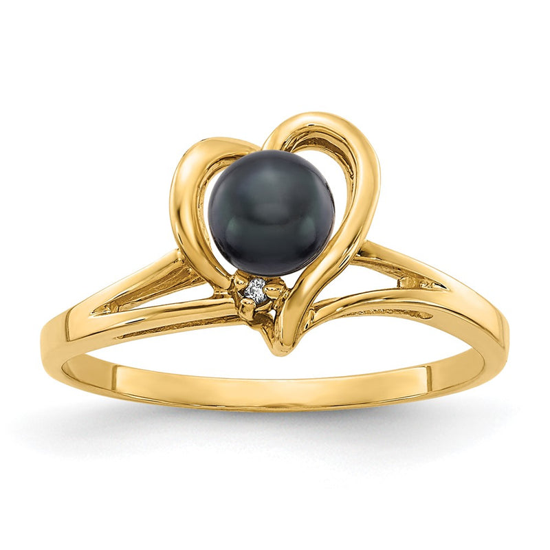 14k Yellow Gold 4.5mm Black FW Cultured Pearl AAA Diamond ring