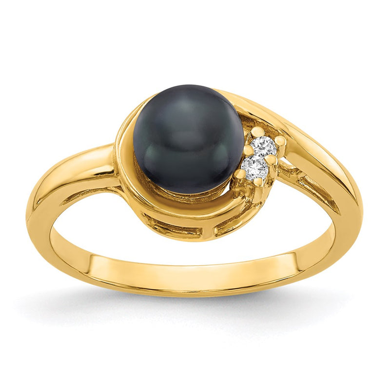 14K Yellow Gold 6mm Black FW Cultured Pearl A Real Diamond ring