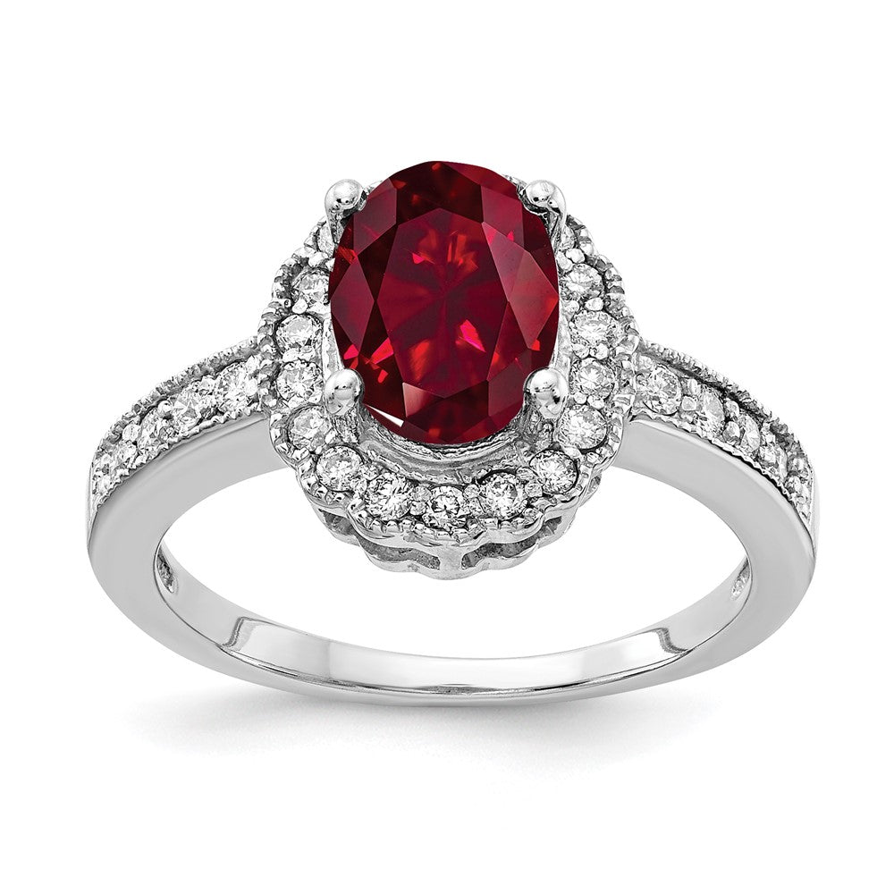 14k White Gold 8x6mm Oval Created Ruby AA Real Diamond ring