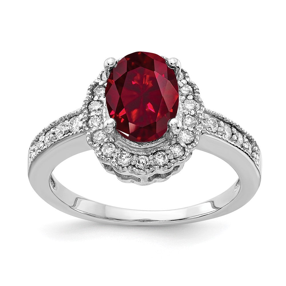 14k White Gold 8x6mm Oval Created Ruby VS Real Diamond ring