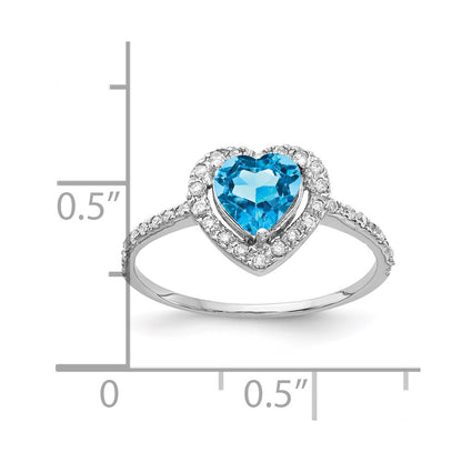 14k White Gold 6mm Heart Blue Topaz AAA Real Diamond ring