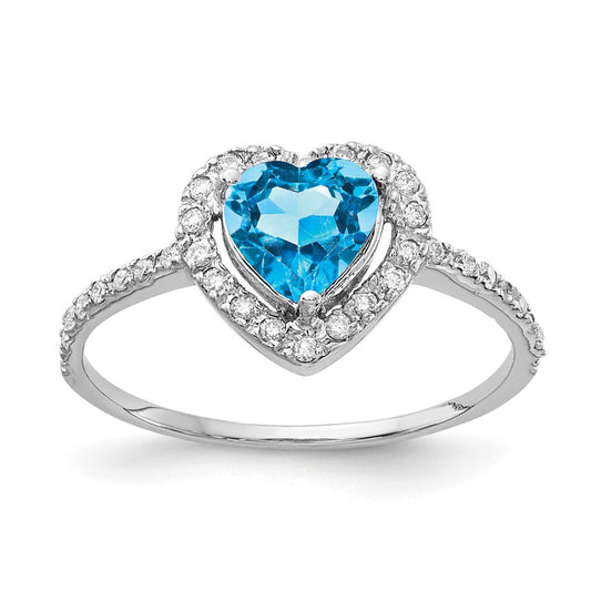 14k White Gold 6mm Heart Blue Topaz AAA Real Diamond ring