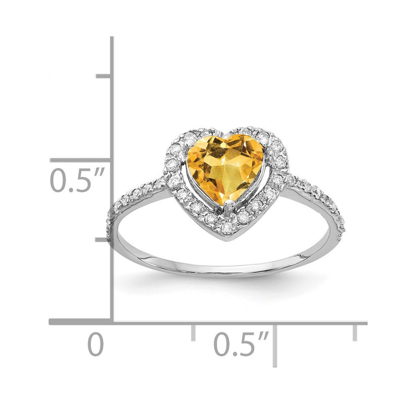 14k White Gold 6mm Heart Citrine AAA Real Diamond ring