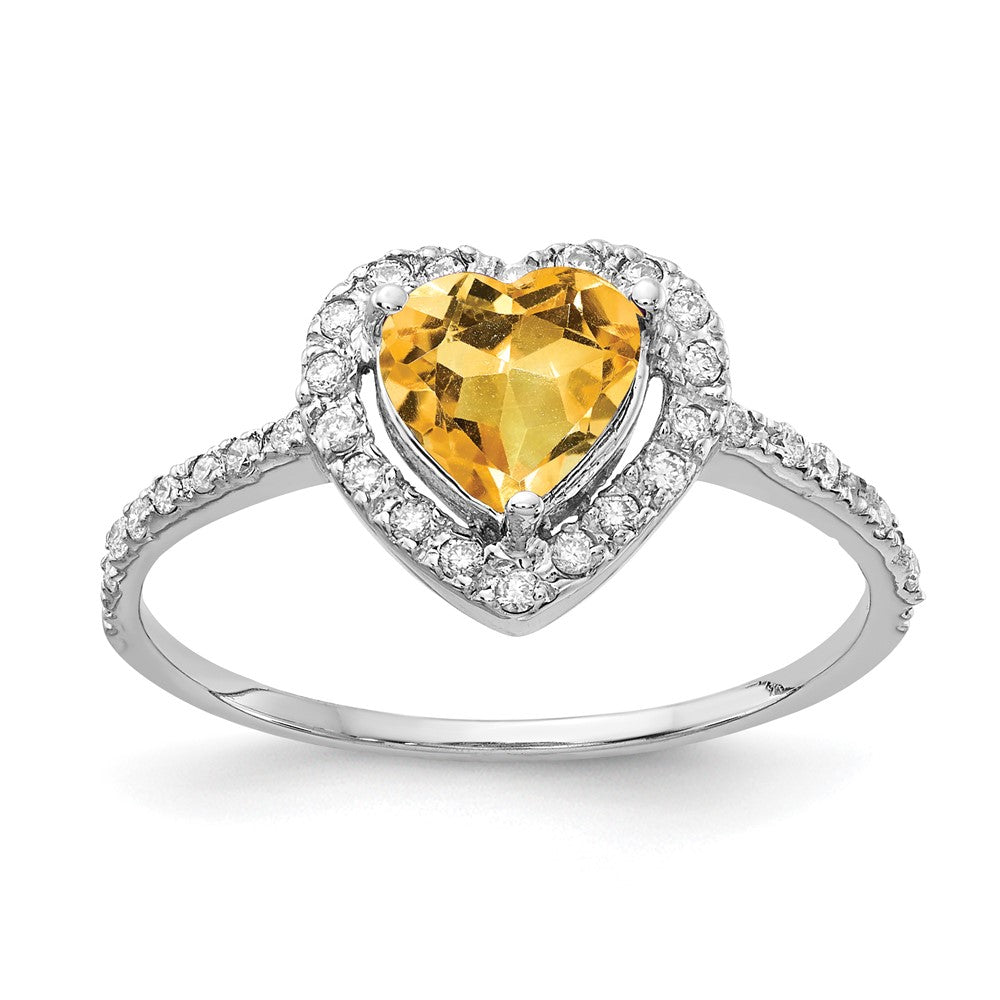 14k White Gold 6mm Heart Citrine AA Real Diamond ring