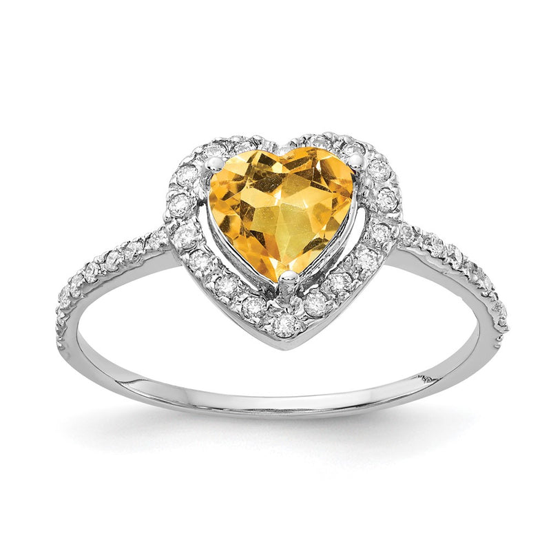 14k White Gold 6mm Heart Citrine AAA Real Diamond ring