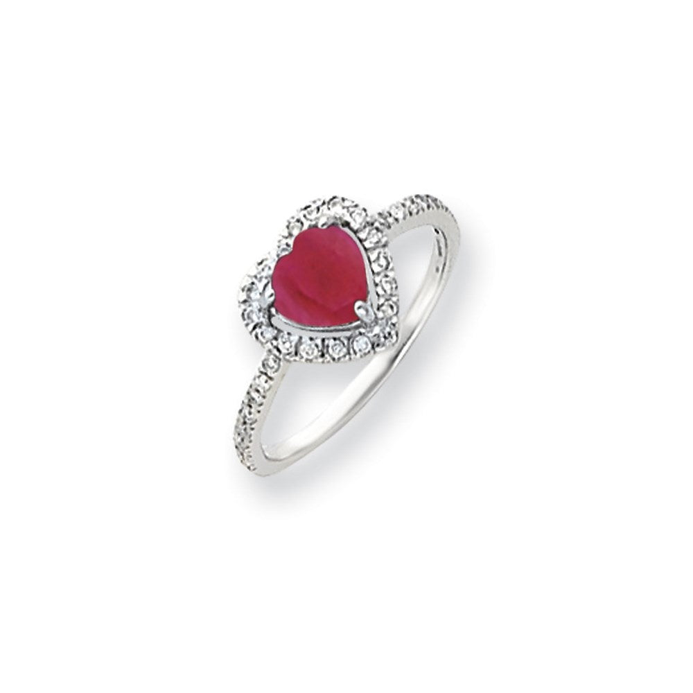 14k White Gold 6mm Heart Created Ruby AA Real Diamond ring