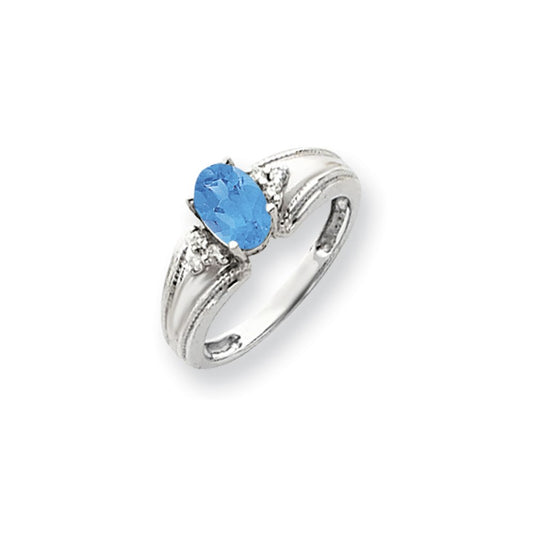 14k White Gold 7x5mm Oval Blue Topaz Checker AA Diamond ring