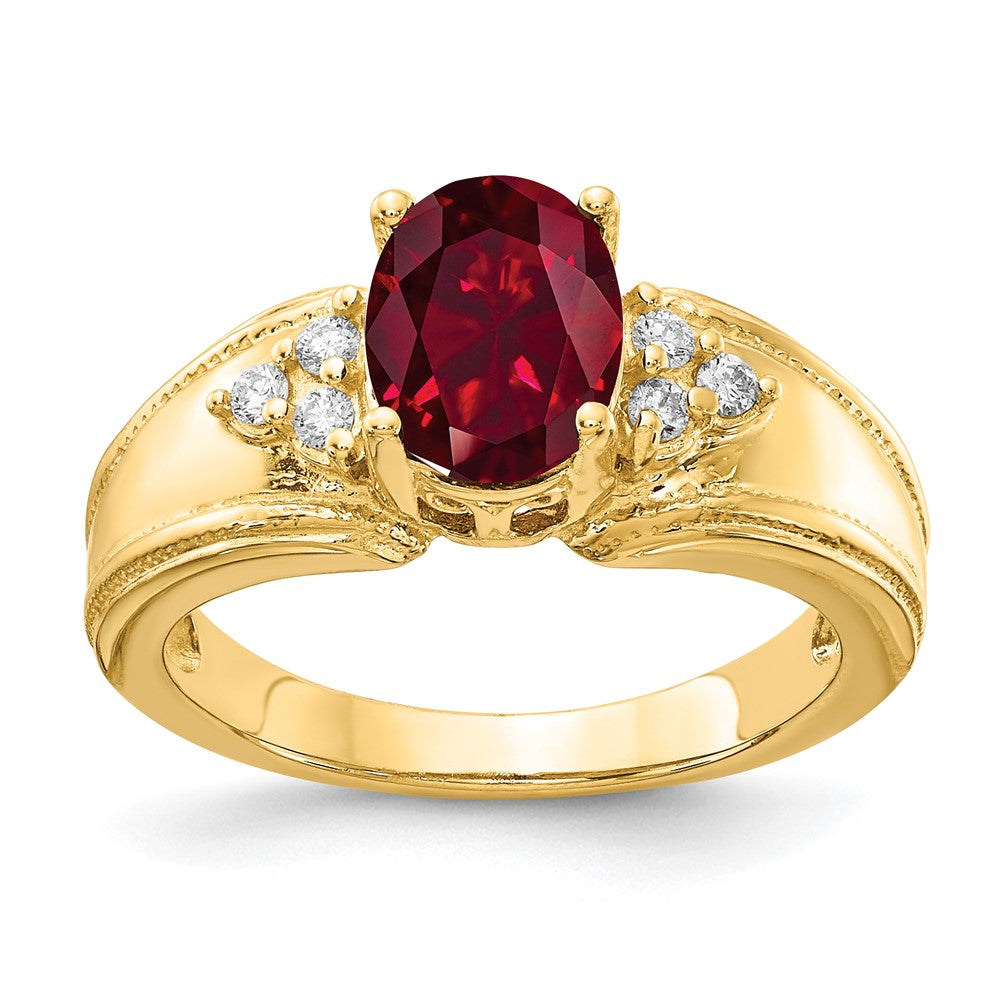 14k Yellow Gold 8x6mm Oval Created Ruby VS Diamond ring