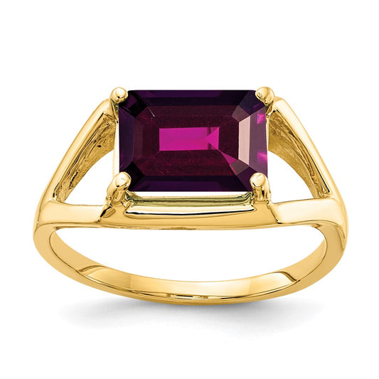 14k Yellow Gold 9x7mm Emerald Cut Rhodolite Garnet ring