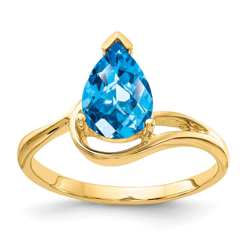 14K Yellow Gold 9x6mm Pear Blue Topaz Checker ring