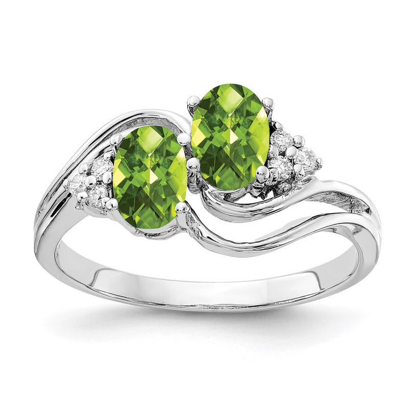 14k White Gold 6x4mm Oval Peridot Checker AA Diamond ring