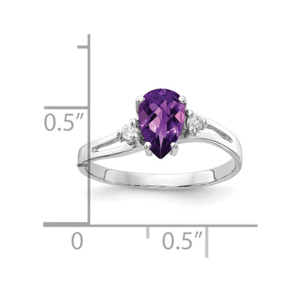14k White Gold 7x5mm Pear Amethyst Checker AAA Diamond ring