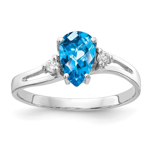 14k White Gold 7x5mm Pear Blue Topaz Checker AA Diamond ring