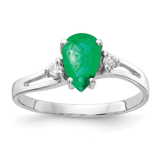 14k White Gold 7x5mm Pear Emerald AA Diamond ring