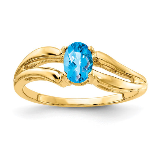 14K Yellow Gold 6x4mm Oval Blue Topaz Checker ring