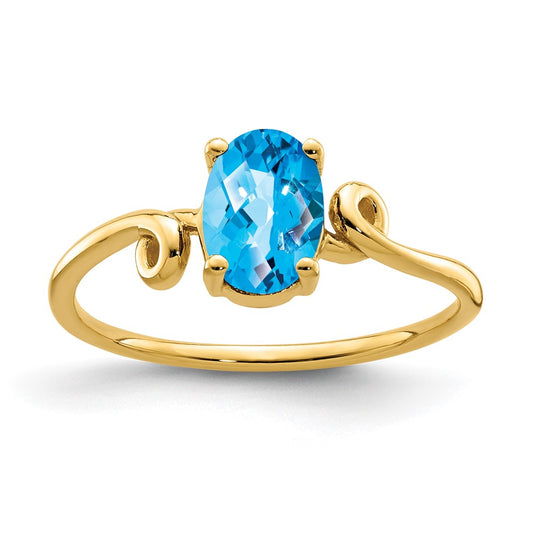 14K Yellow Gold 7x5mm Oval Blue Topaz Checker ring