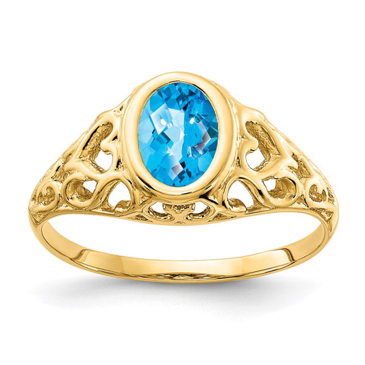 14K Yellow Gold 7x5mm Oval Blue Topaz Checker ring