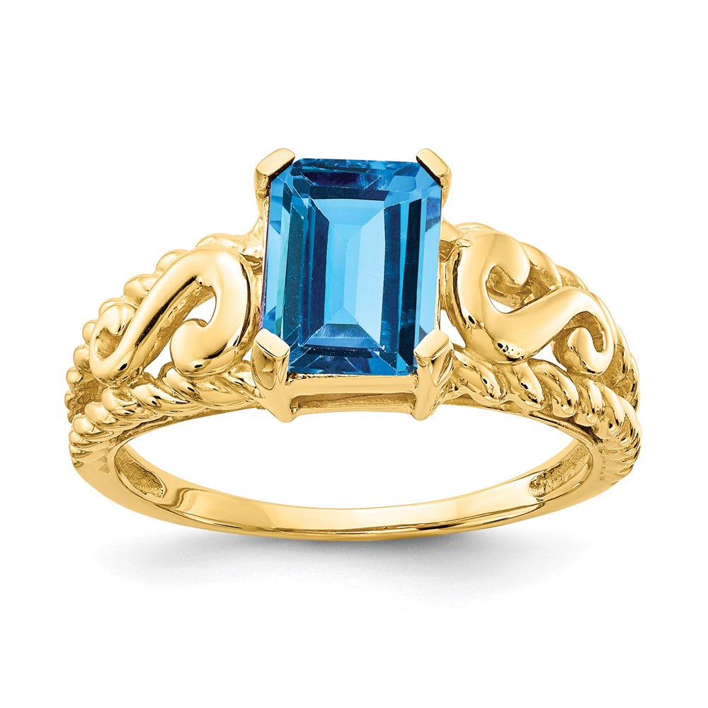 14K Yellow Gold 8x6mm Emerald Cut Blue Topaz ring