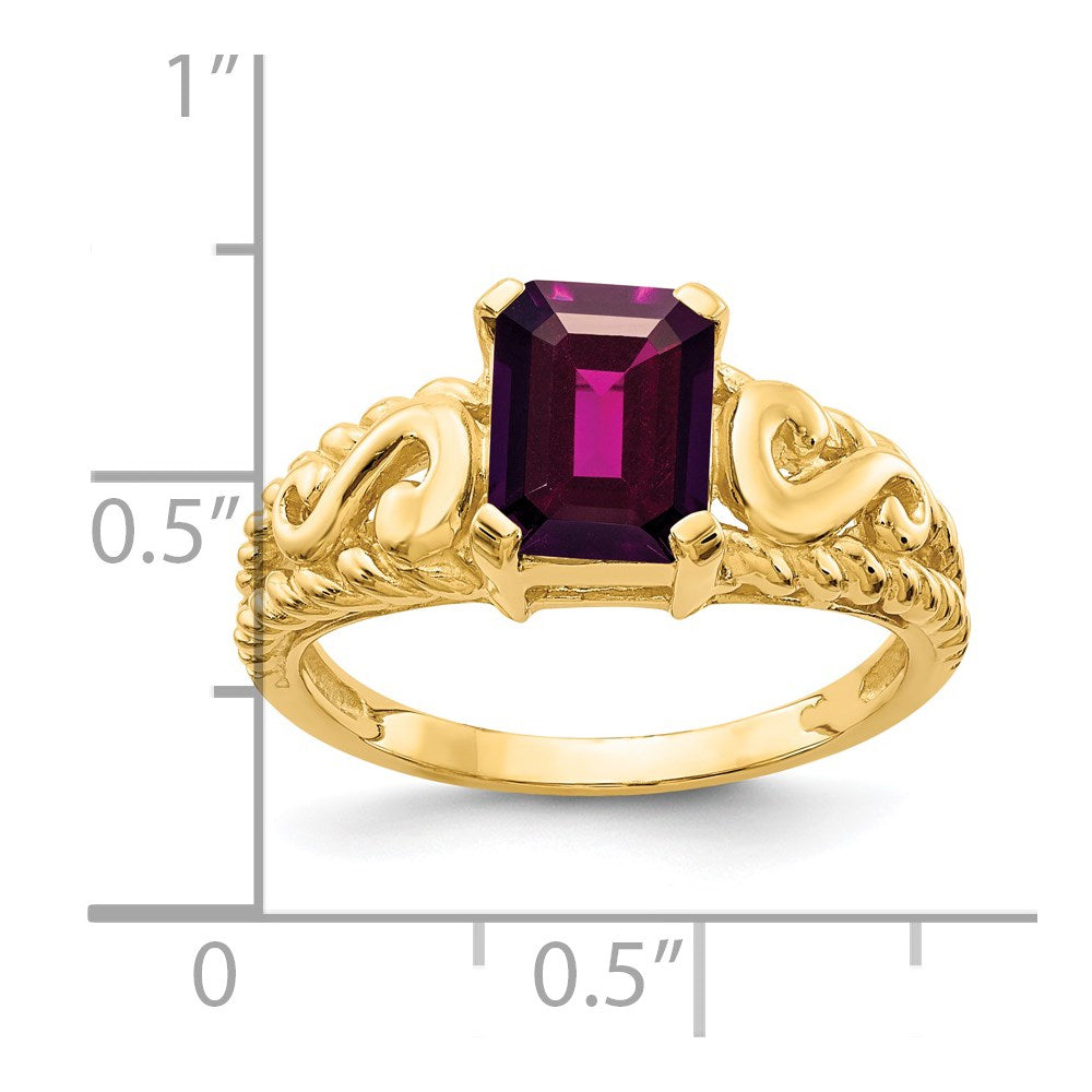 14k Yellow Gold 8x6mm Emerald Cut Rhodolite Garnet ring