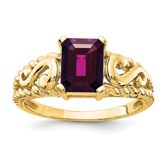 14k Yellow Gold 8x6mm Emerald Cut Rhodolite Garnet ring