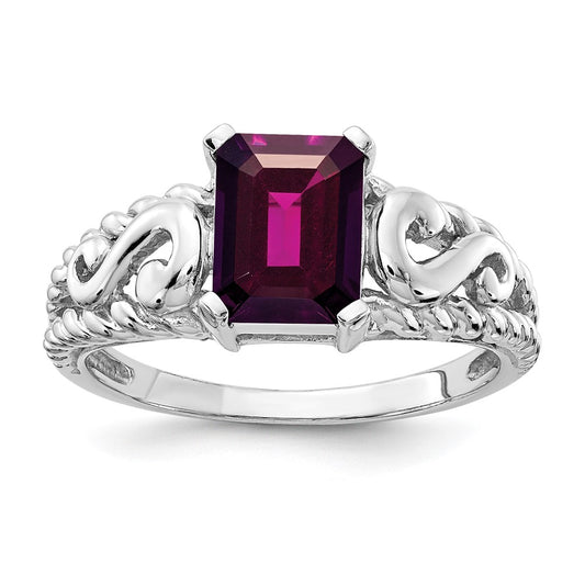 14k White Gold 8x6mm Emerald Cut Rhodolite Garnet ring