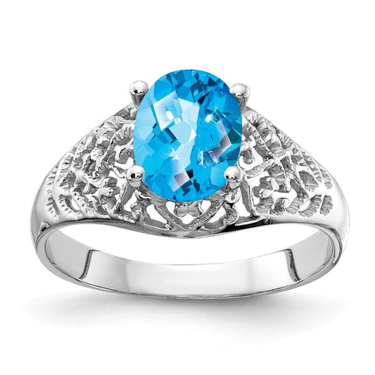 14k White Gold 8x6mm Oval Blue Topaz Checker ring