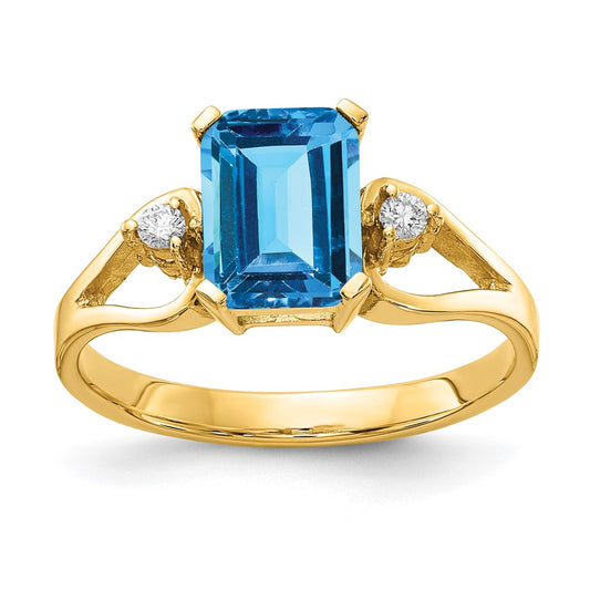 14k Yellow Gold 8x6mm Emerald Cut Blue Topaz AAA Diamond ring