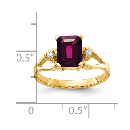 14k Yellow Gold 8x6mm Emerald Cut Rhodolite Garnet A Diamond ring