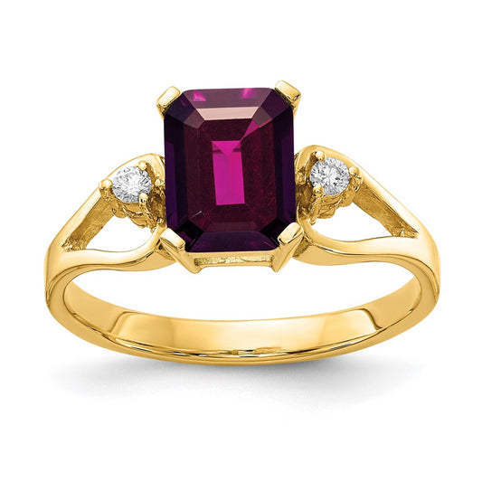 14k Yellow Gold 8x6mm Emerald Cut Rhodolite Garnet A Diamond ring