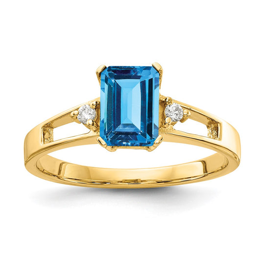 14k Yellow Gold 7x5mm Emerald Cut Blue Topaz AAA Diamond ring