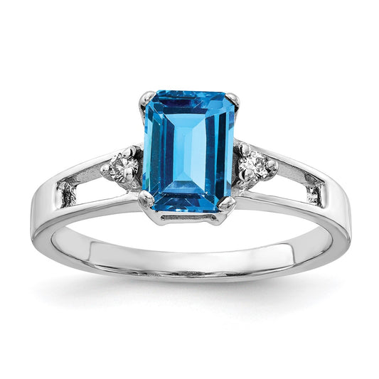 14k White Gold 7x5mm Emerald Cut Blue Topaz AA Diamond ring