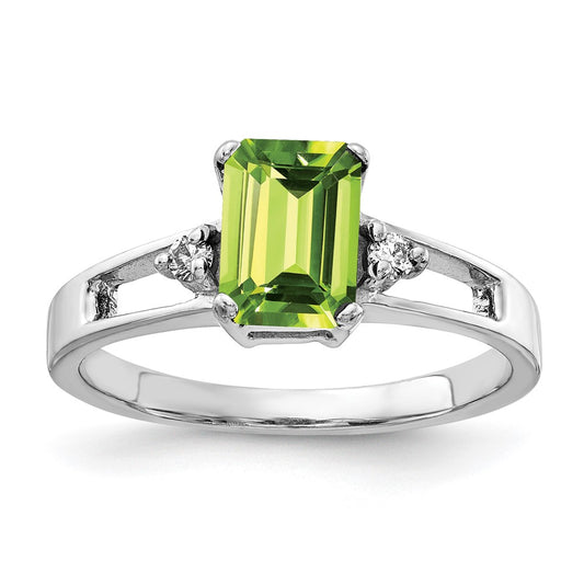 14k White Gold 7x5mm Emerald Cut Peridot AA Diamond ring