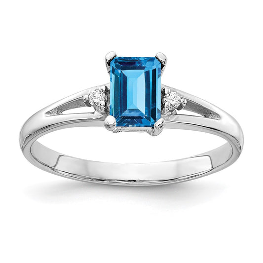 14k White Gold 6x4mm Emerald Cut Blue Topaz AA Diamond ring