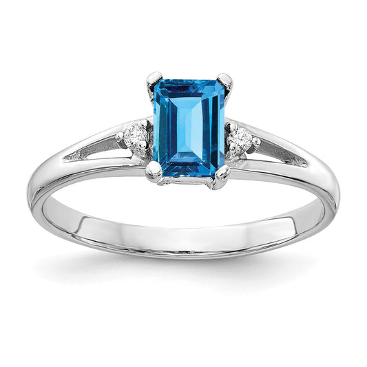 14k White Gold 6x4mm Emerald Cut Blue Topaz VS Diamond ring