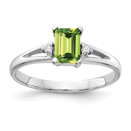 14k White Gold 6x4mm Emerald Cut Peridot AA Diamond ring