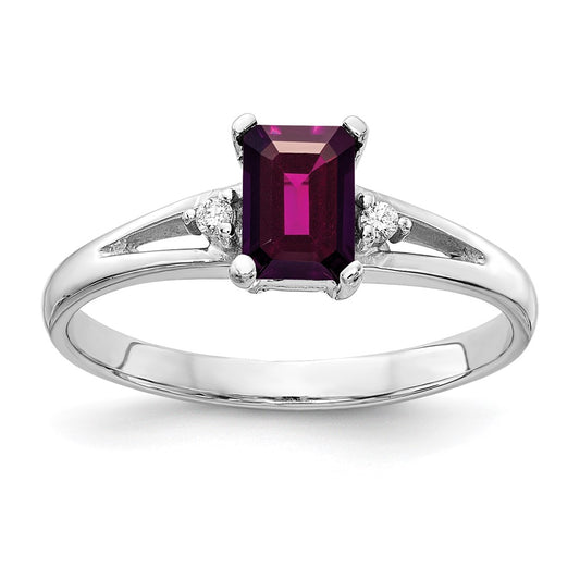 14k White Gold 6x4mm Emerald Cut Rhodolite Garnet VS Diamond ring