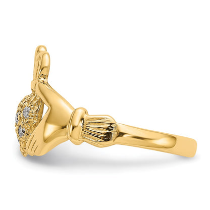 14K Yellow Gold 1/10ct AA Real Diamond Claddagh Ring