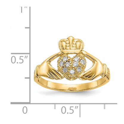 14K Yellow Gold 1/10ct AA Real Diamond Claddagh Ring