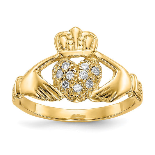 14K Yellow Gold 1/10ct AA Real Diamond Claddagh Ring