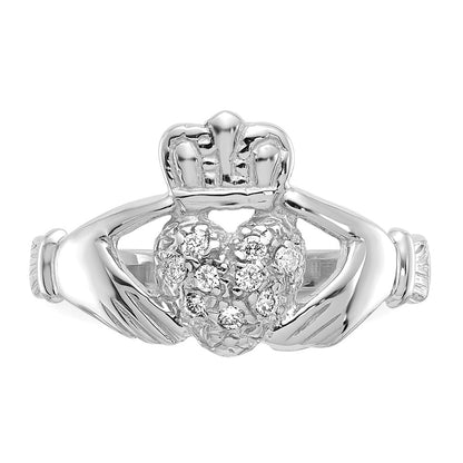 14k White Gold 1/10ct AA Real Diamond Claddagh Ring