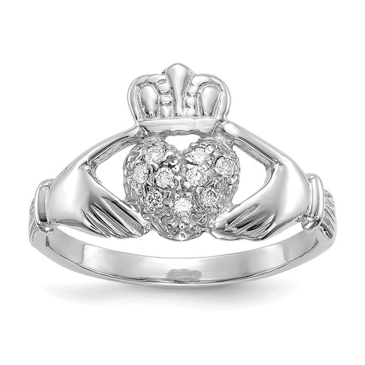 14k White Gold 1/10ct AA Real Diamond Claddagh Ring