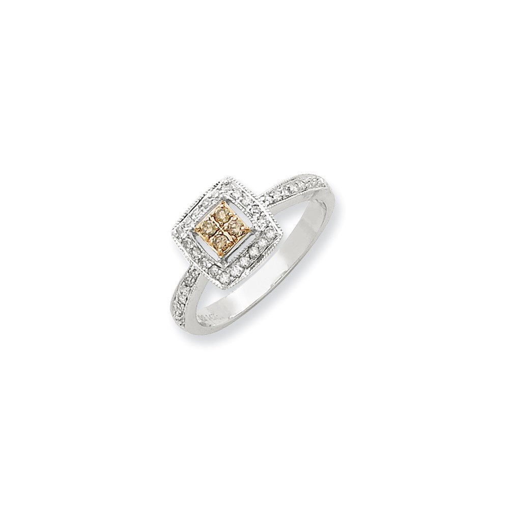 14K White Gold w/ Yellow Rhodium White & Champagne Real Diamond Ring