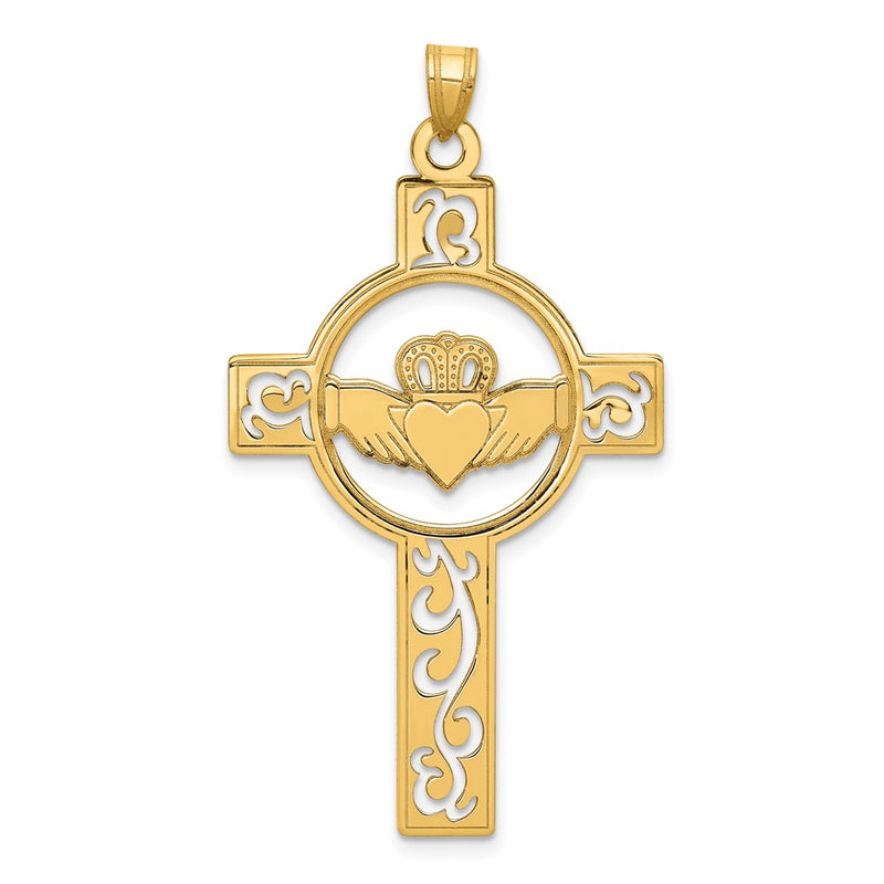 14k Yellow Gold Laser Cut Claddagh Cross Charm