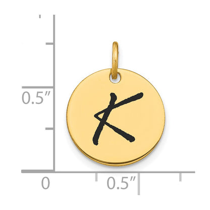 14k Yellow Gold Polished Black Enamel Letter K Initial Disk Charm
