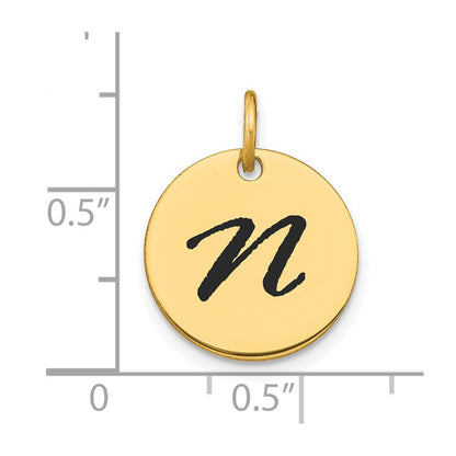 14k Yellow Gold Polished Black Enamel Letter N Initial Disk Charm