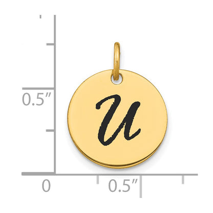 14k Yellow Gold Polished Black Enamel Letter U Initial Disk Charm