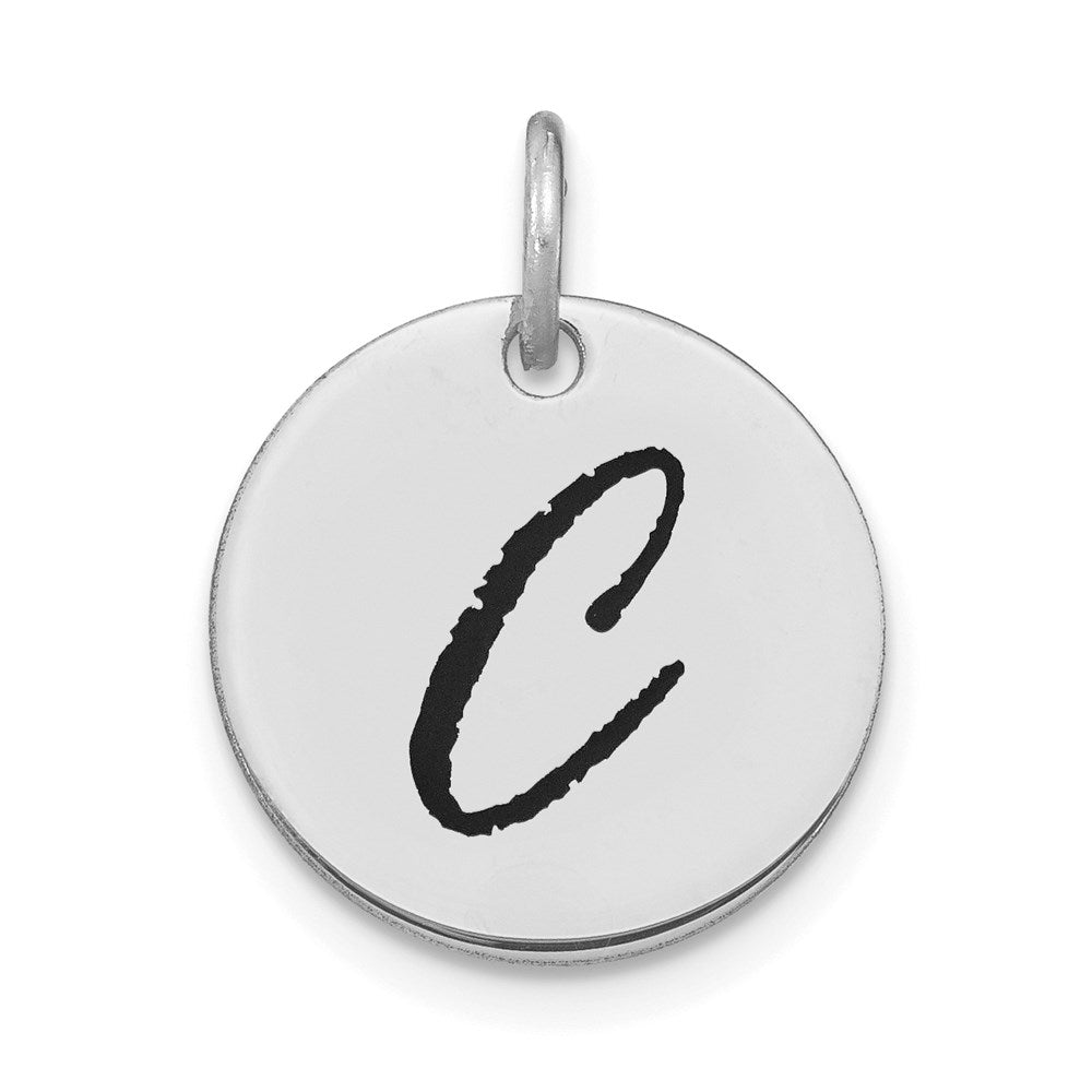 14k White Goldw Polished Black Enamel Letter C Initial Disk Charm