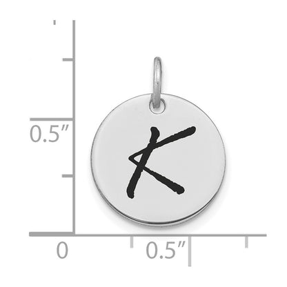 14k White Goldw Polished Black Enamel Letter K Initial Disk Charm