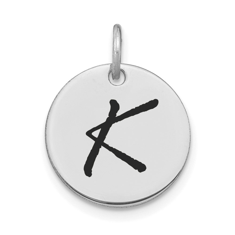 14k White Goldw Polished Black Enamel Letter K Initial Disk Charm